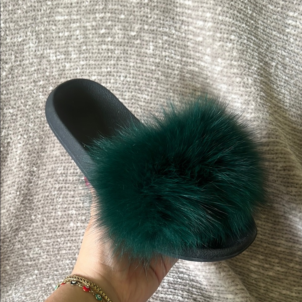 Green and Black Fluffy Fur Slippers